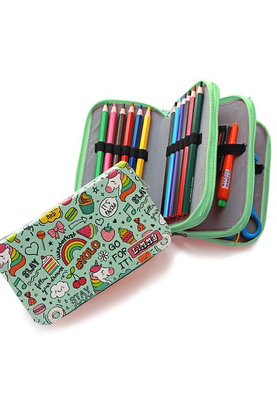Limmy Μολυβοθήκη Unicorn Rainbow Green Kawai Organizer Θήκη μολυβιών Vegan Δερμάτινη θήκη για στυλό τριών διαμερισμάτων