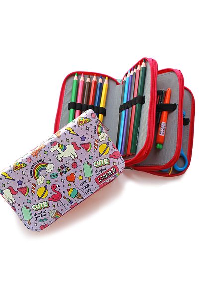 Limmy Μολυβοθήκη Purple Unicorn Flamingo Kawai Organizer Θήκη στυλό Vegan Δερμάτινη θήκη για στυλό τριών διαμερισμάτων - Ροζ