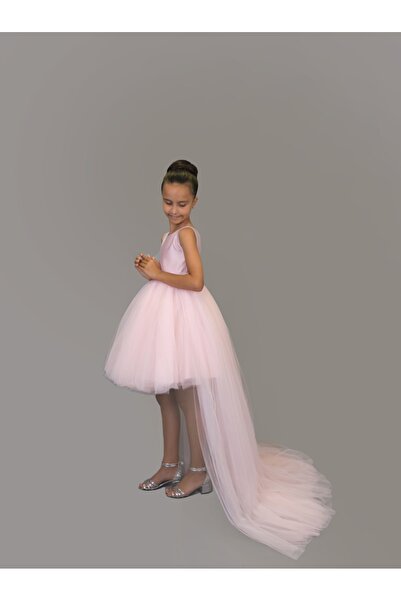 nsmkidslife Kız Çocuk Ön kısa Arka Uzun Kuyruk Detaylı PUDRA PEMBE Saten Balo Parti Mezuniyet Elbise