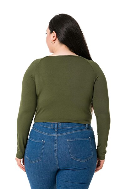 DISENTIS MODEST Plus Size Front Tunnel Gathered Long Sleeve Viscose Khaki Blouse