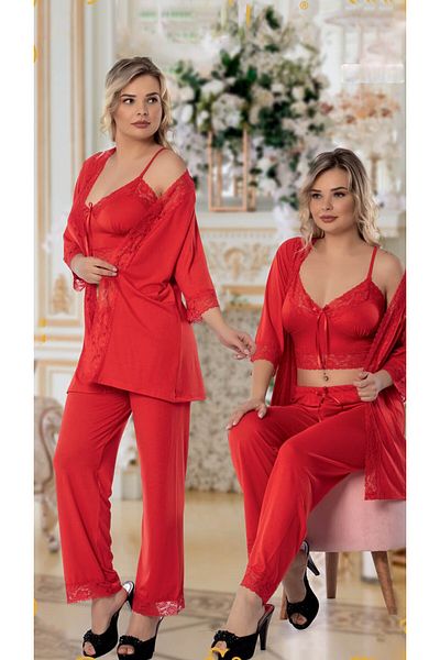 JENİKA Set de pijamale din 3 piese pentru femei, cu detaliu din dantela