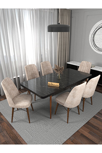 Kaffahome Riff 80x130 Siyah Suntalem Açılabilir Yemek Masası , Yemek Masası Takımı - 6 Krem Sandalye