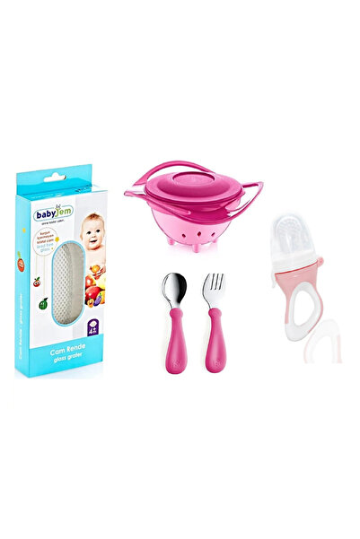 Babyjem Cam Rende + Dökülmeyen Tabak + Paslanmaz Çelik Çatal Kaşık Seti + Silikon Uçlu Meyve Sebze Emziği