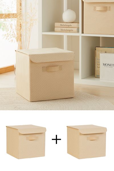 Ocean Home Textile 2 Pieces Beige Closet with Lid Laundry Toy Organizer Storage Box Organizer 30x30x30