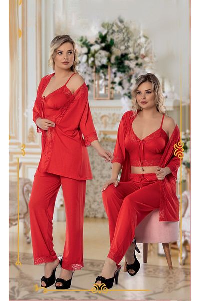 JENİKA Set de pijamale din 3 piese pentru femei, cu detaliu din dantela