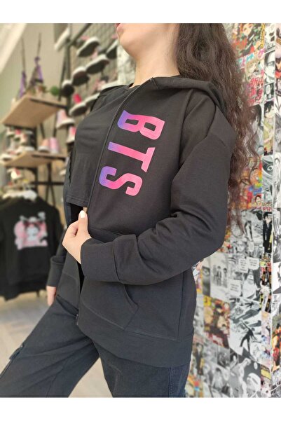 MECH BUTİK Hanorac cu glugă unisex negru cu imprimeu Bts (imprimat disponibil...