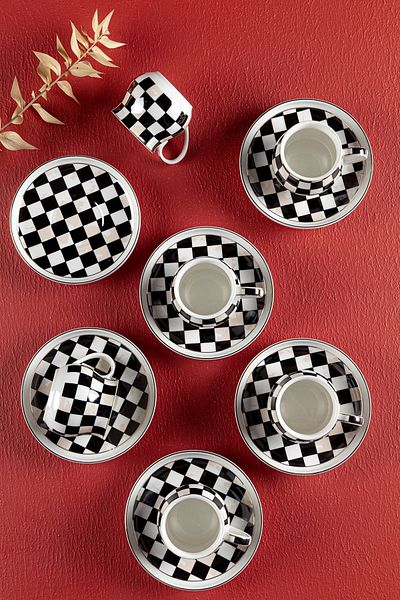 AROW Checkerboard Patterned Turkish Coffee Cup Set for 6 Persons tr-3123