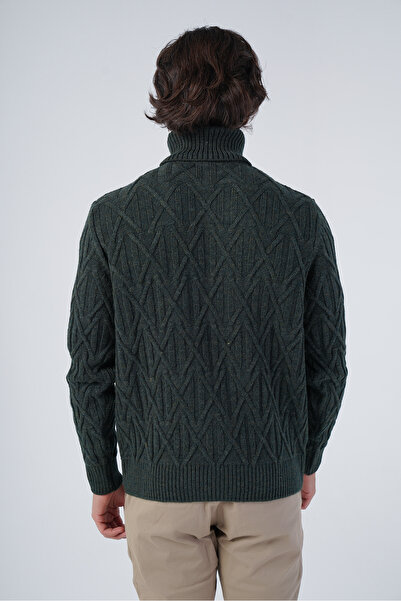 Trist Star Khaki Men's Execution Hair Braided Cross Patterned Turtleneck Knitwear Wool Sweater