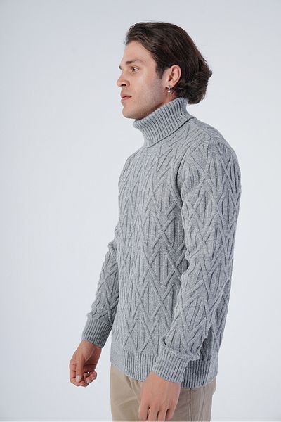 Trist Star Gray Men's Execution Hair Braided Cross Patterned Turtleneck Knitwear Wool Sweater