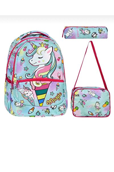 Generic Brand Geantă de școală cu model unicorn pentru școala primară din 3 p...