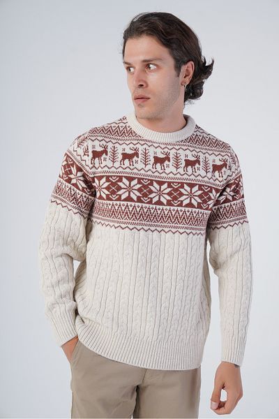 Trist Star Beige Men's Hair Braided Jacquard Deer Patterned Crew Neck Knitwear Wool Sweater