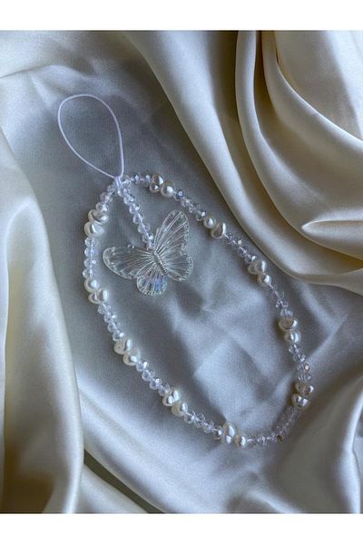 PEONY - peonyofficiall Swinging Butterfly Pearl And Crystal Design Phone Charm Phone Lanyard Phone Accessory