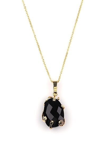 Alibaba Doğaltaş Obsidian Natural Stone Gold Colored Necklace