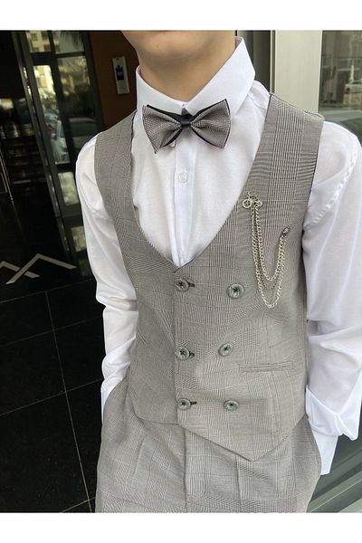 WENA KİDS Children's Vest Suit with Shirt Set Plaid Smoke