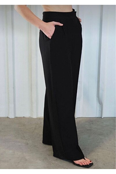 Laluvia Black Waist Detailed Wide Leg Trousers