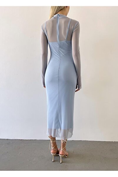 Ortaya Çık Blue Half Turtleneck Long Tulle Midi Dress