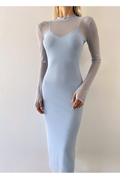 Ortaya Çık Blue Half Turtleneck Long Tulle Midi Dress