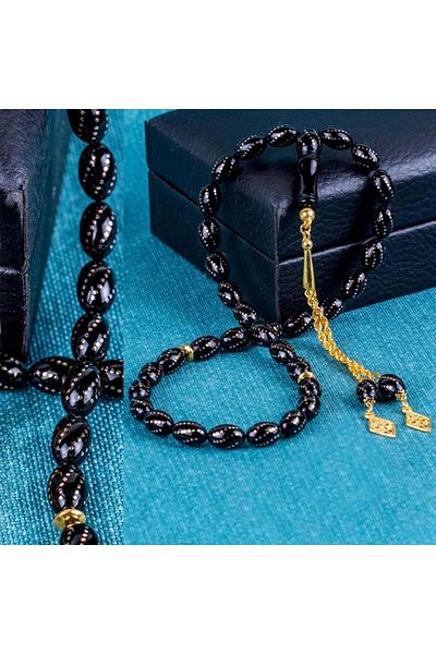 TESBİHCİBABA Premium Series 14 Carat Gold Embroidered Erzurum Oltu Rosary
