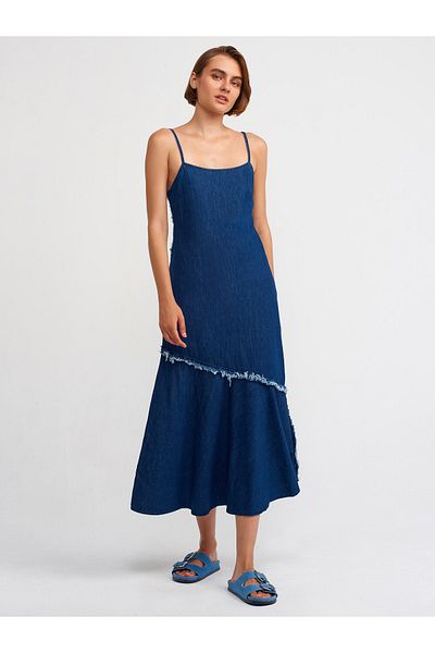 Dilvin 90526 Rochie cu bretele din denim închis-Albastru marin