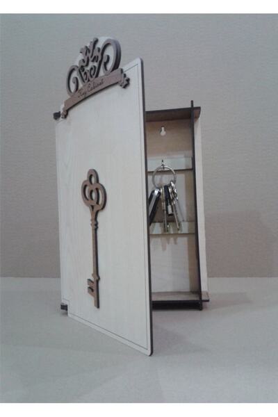 M3DECORİUM Krem Beyaz Ahşap 6 Askılı Sağlam Kapaklı Menteşeli Anahtar Dolabı