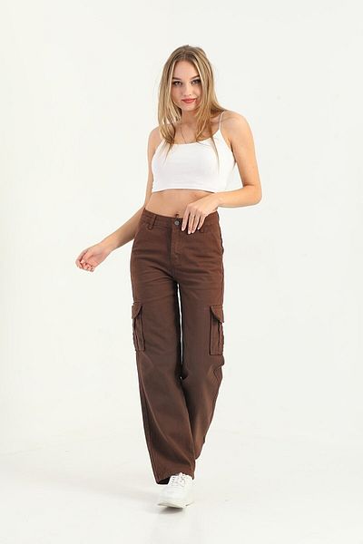 Trn JNS Καφέ Cargo Loose Back Pocketless Lycra Super ψηλόμεσο τζιν παντελόνι
