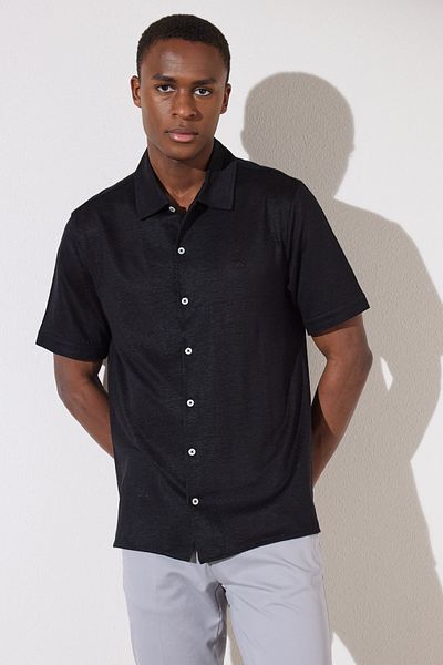BROOKS BROTHERS Мъжка черна ленена риза с къс ръкав