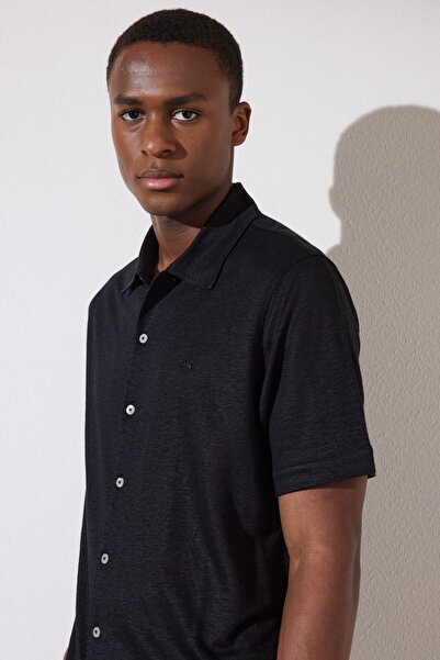 BROOKS BROTHERS Ανδρικό μαύρο λινό κοντομάνικο πουκάμισο