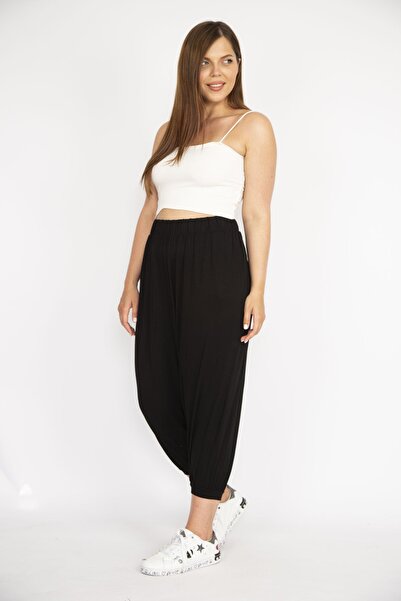 Şans Women's Large Size Black Ribbed Comfortable Cut Side Pocket Sweatpants Bottom 65n36770