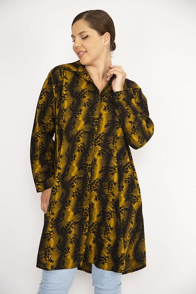 Şans Women's Large Size Mustard Front Button Long Sleeve Shirt 65n36721