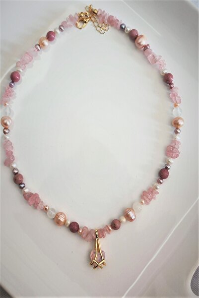 badeaccessories PEMBE KUVARS, KÜLTÜR İNCİLERİ, RODONİT, SELENİT DOĞAL TAŞ KOLYE