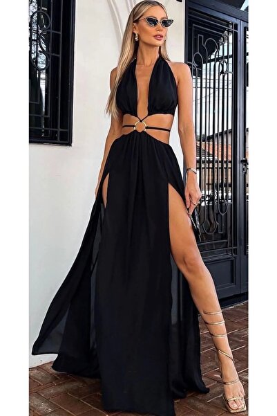 Esinty Γυναικείο μαύρο φόρεμα παραλίας από ύφασμα σιφόν με επένδυση, συμβατό ...