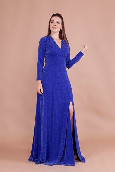 Bidoluelbise Simli Esnek Kumaş Kruvaze Yaka Yırtmaçlı Uzun Kol Maxi Boy Mezun...