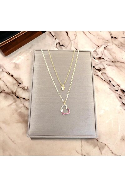 toptanhanem Çift Katlı Kelebekli Kalp Pembe Zirkon Taşlı Zincir Kolye Altın K...