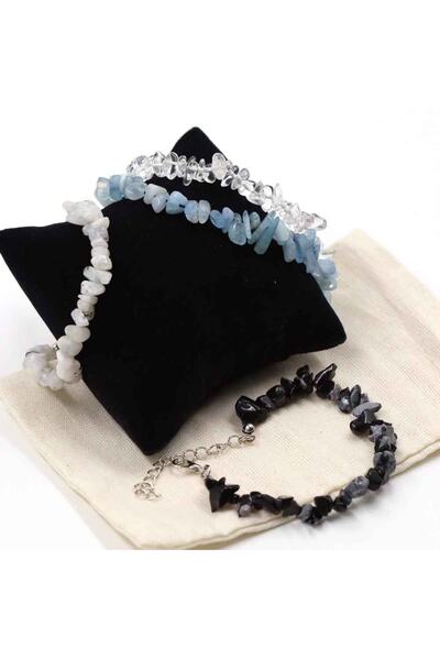 MYTAKIAĞACIMFH Aquamarine Stone-Moon Stone-Crystal Quartz-Obsidian Stone Natural Stone Broken Stone Bracelet Set of 4 Chain Extension