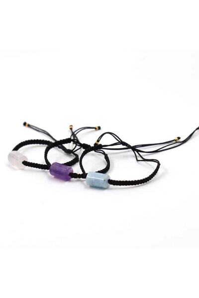 MYTAKIAĞACIMFH Crystal Quartz Stone-Amethyst Stone-Aquamarine Aquamarine Stone Natural Stone Bracelet Set of 3 Macrame Knitted