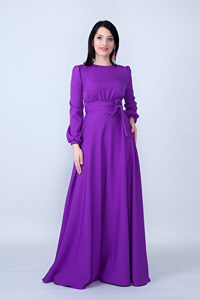 Bidoluelbise Yuvarlak Yaka Uzun Kol Dokuma Kumaş Beli Büzgülü Kuşaklı Cepli Maksi Boy Davet & Abiye Elbise