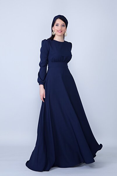 Bidoluelbise Yuvarlak Yaka Uzun Kol Dokuma Kumaş Beli Büzgülü Kuşaklı Cepli Maksi Boy Davet & Abiye Elbise