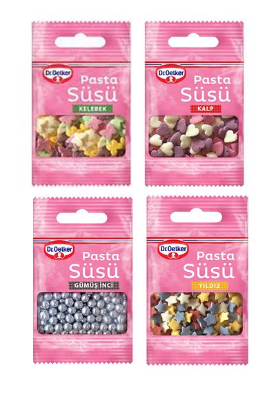 Dr. Oetker Decor Series Cake Decoration Butterfly, Heart, Silver Pearl, Star (4 X 10 Grams)