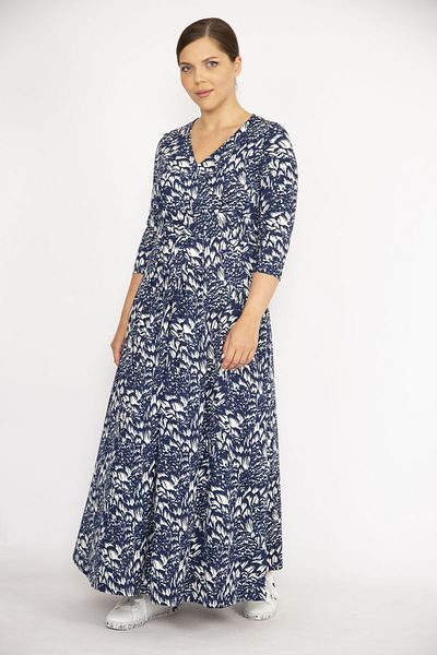 Şans Women's Large Size Navy Blue Wraped Collar Capri Sleeve Long Dress 65n36746