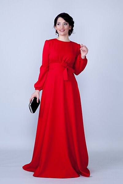 Bidoluelbise Round Neck Long Sleeve Woven Fabric Drawstring Waist Belted Pocket Maxi Length Invitation & Evening Dress