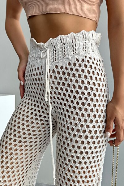 LOOSH Kadın Ekru Yüksek Bel Bağcık Detaylı Ajurlu Pantolon