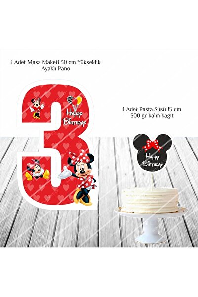 SİYAH PARTİ EVİ Minnie Mouse 3 Yaş Doğum Günü Masa Maketi / Pasta Süsü