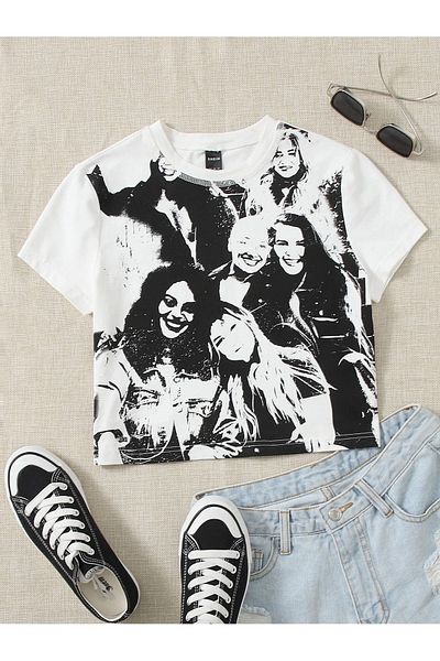 Jose Clothing Λευκό εμπριμέ γυναικείο Crop Top - Κοντό μανίκι, μπλούζα που εφαρμόζει στο σώμα