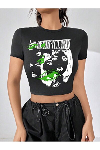 Jose Clothing BLUZ CROP TOP cu mânecă scurtă, Așezat pe CORP, IMPRIMAT NEGRU