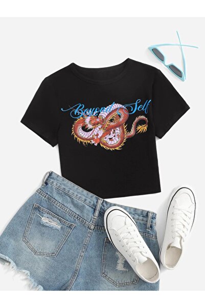 Jose Clothing BLUZ CROP TOP cu mânecă scurtă, Așezat pe CORP, IMPRIMAT NEGRU