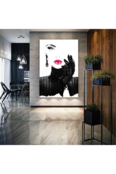 CANVASUM Kırmızı Rujlu Eli Çenesinde Duran Güzel Kadın Kuaför Makyaj Dekor Ka...