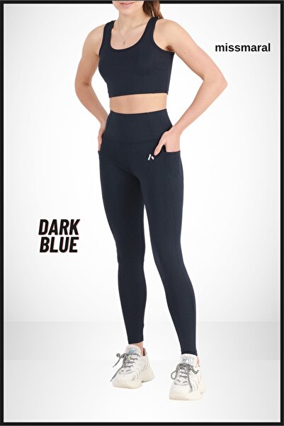 missmaral Women's Navy Blue High Waist Double Pocket Sports Leggings Shades 1057