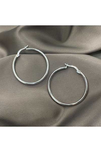 Jewel by Aila Büyük Boy Rhodium Kaplama Kadın Gümüş Ince Halka Küpe