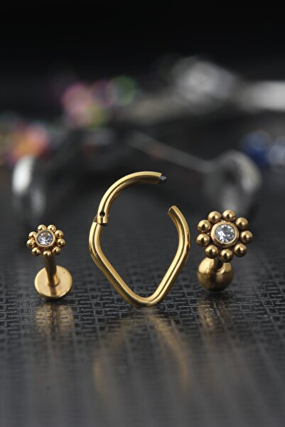 depozoom Cerrahi Çelik Zirkon Taşlı Kıkırdak Ve Tragus 3'lü Set 8 Mm Gold
