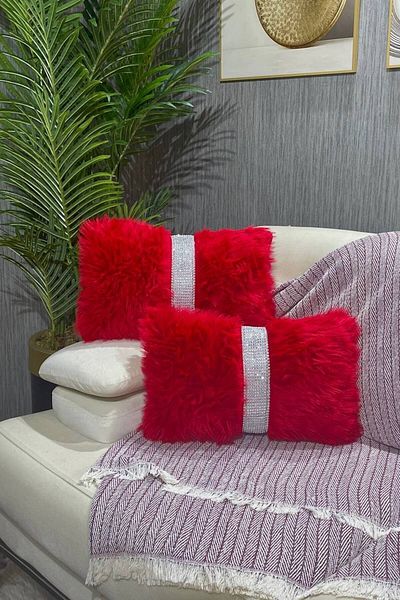 Paris Life Plush Striped Throw Pillow Cover Rectangular - Red